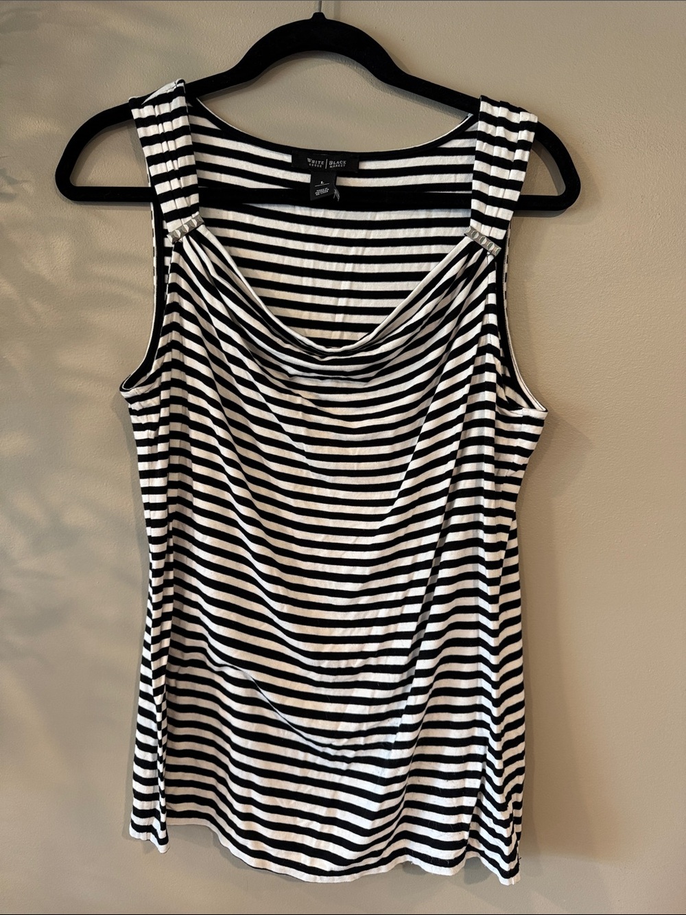 White House Black Market Black and White Striped Cowl Neck Tank
